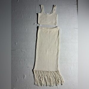 H&M Cream Fringe Cotton Knit  Crop Top Coord Skirt Set